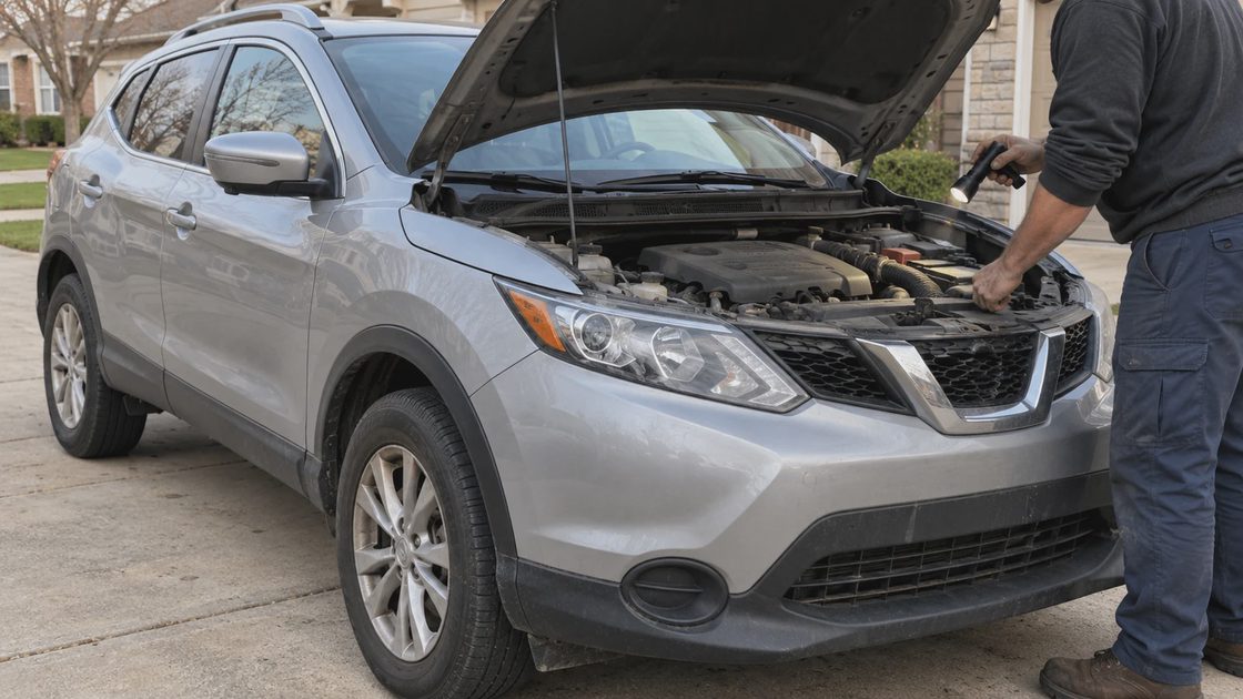 Inspect condition beyond a transmission replacement claim A person using a flashlight to inspect a used silver crossover with its hood open in a driveway.