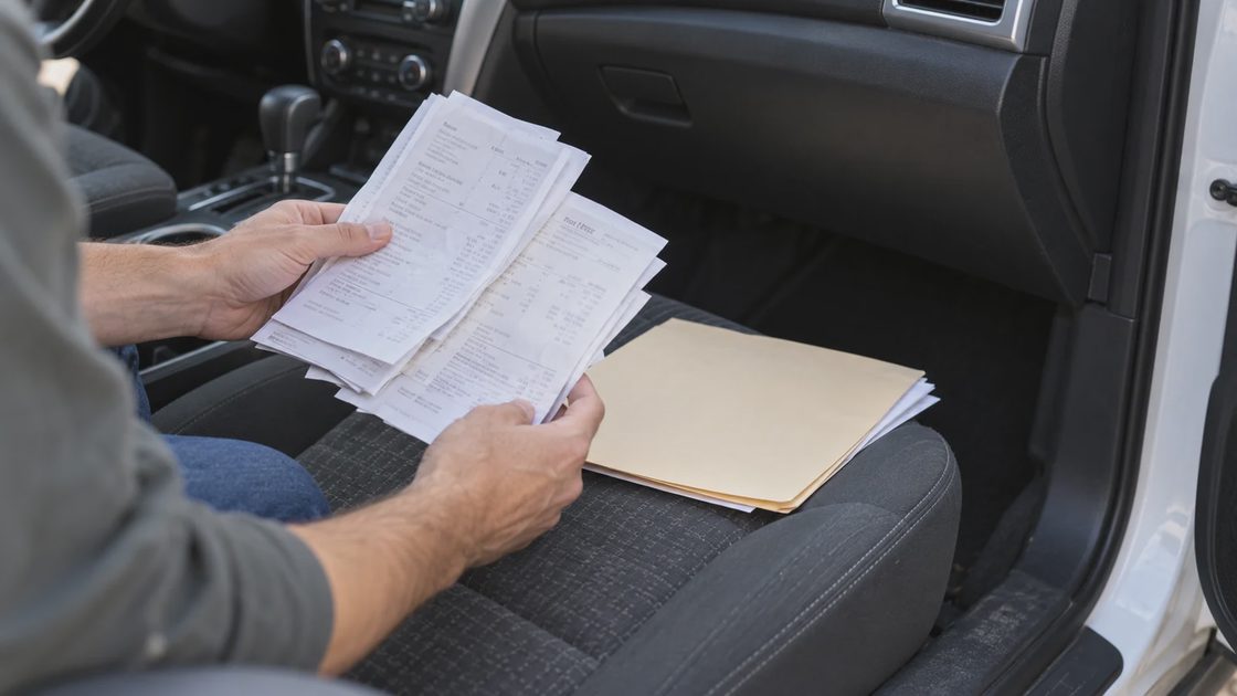 Hands reviewing a stack of service receipts beside a folder on a used car’s passenger seat.
