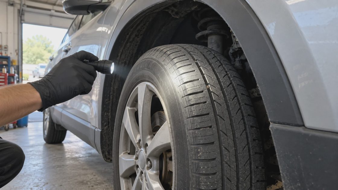A gloved hand shining a flashlight on a used crossover’s front tire and wheel well in a repair shop.