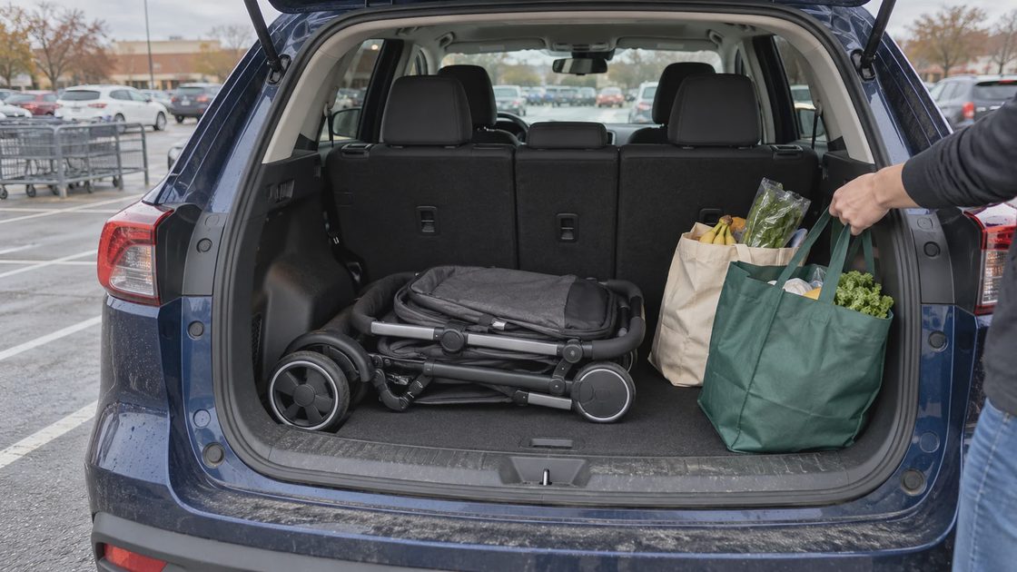 Check everyday cargo fit on the exact vehicle A folded stroller and two grocery bags in a crossover cargo area with the rear seats upright.
