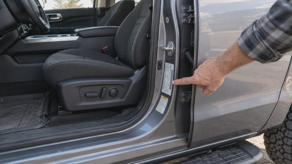 Find the actual vehicle loading allowance A hand pointing toward a loading-information label in a pickup door jamb.