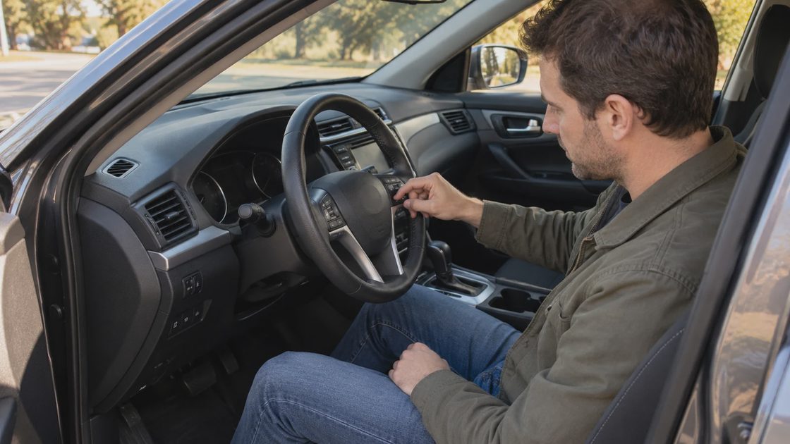 A seated buyer examining controls inside a parked sedan.