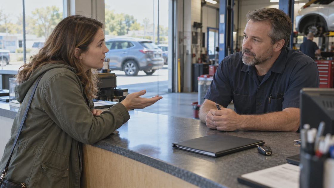 A buyer discussing vehicle paperwork with a service advisor.