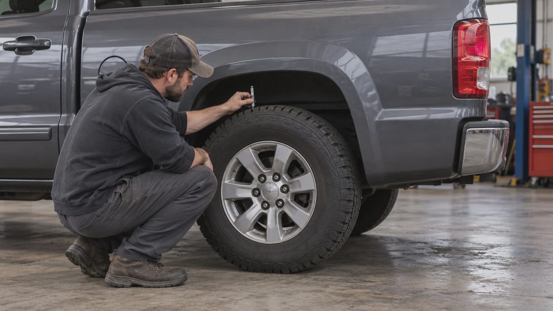 Check the tire condition before buying A mechanic checking the rear tire tread of a parked pickup