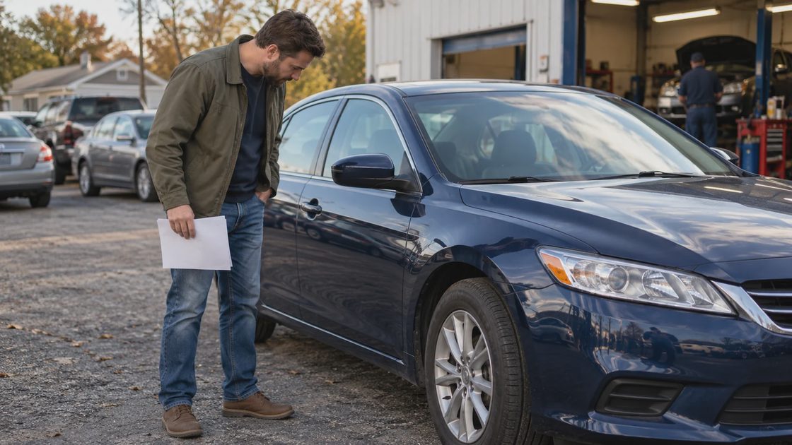 A buyer holding inspection paperwork beside a parked sedan.
